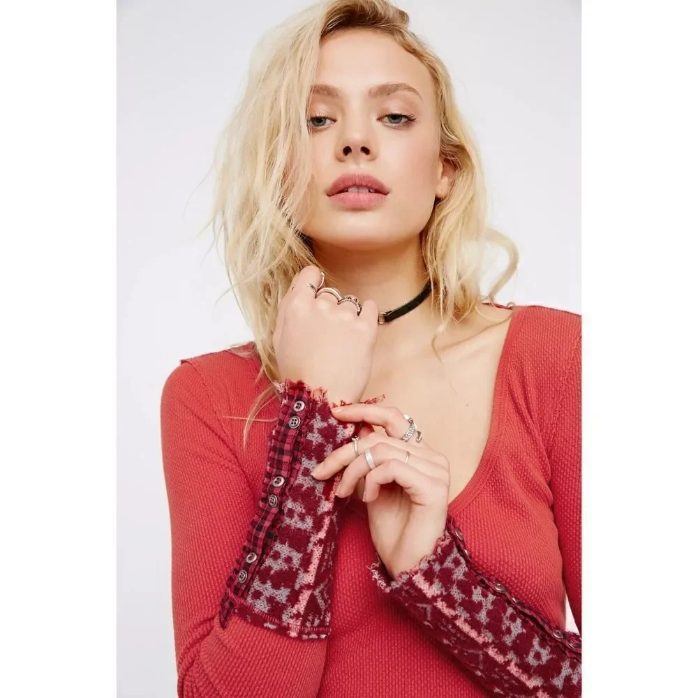 New! FREE PEOPLE Art School Cuff Thermal Waffle Knit Top Long Sleeve Size XS Red